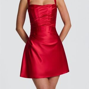 Red Satin Mini Dress with Square Neck